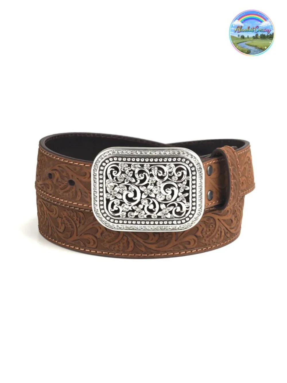 Women's Rhinestones Embossed Leather Belt Crystal Rectangle Buckle